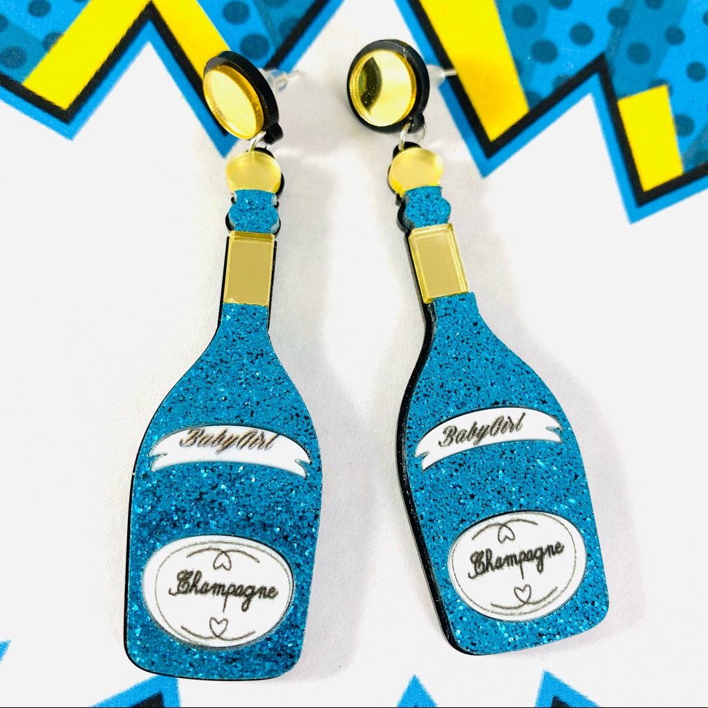 Funky And Fun Turquoise Glitter Laser Cut Acrylic Baby Girl Champagne Earrings